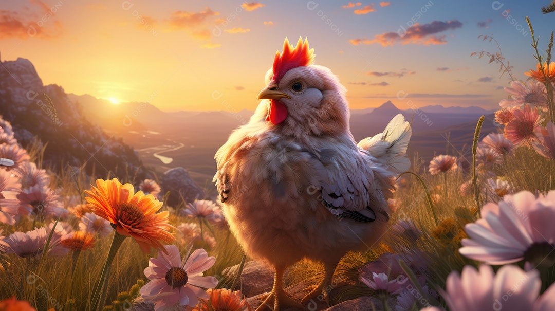 Uma galinha no campo de flores