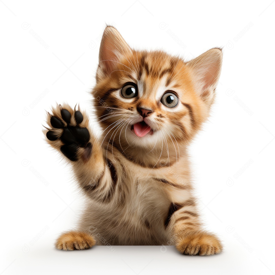 Gato fofo filhote com pata pra cima sobre fundo branco