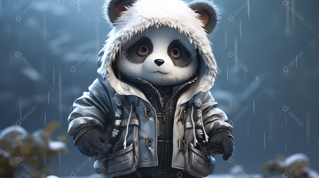 A imagem mostra um panda gigante também conhecido como urso panda usando um capuz