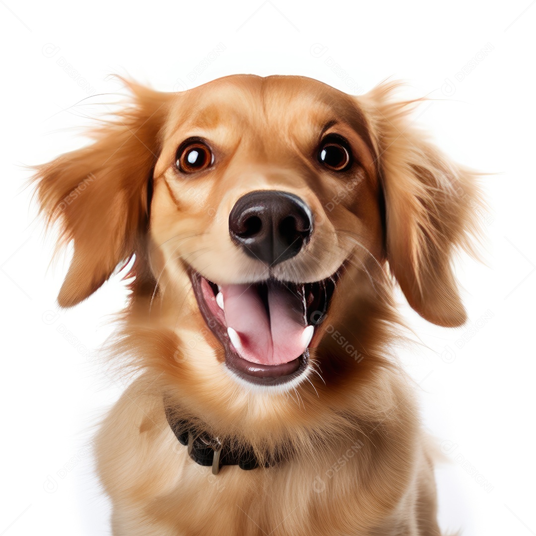 Cachorro peludo amarelo sobre fundo branco