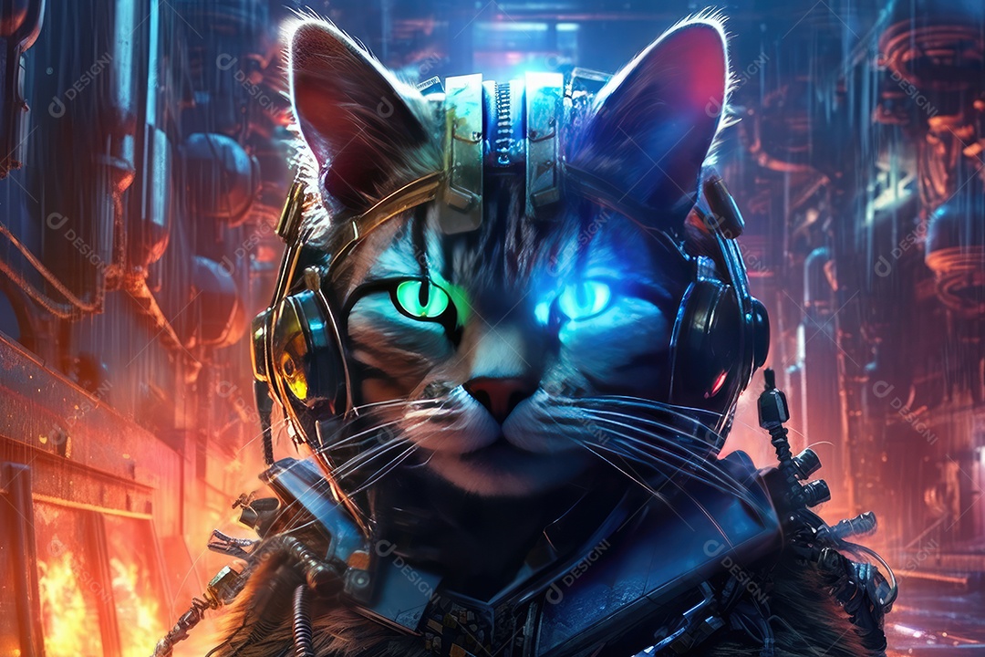 Um gato em cidade futurista