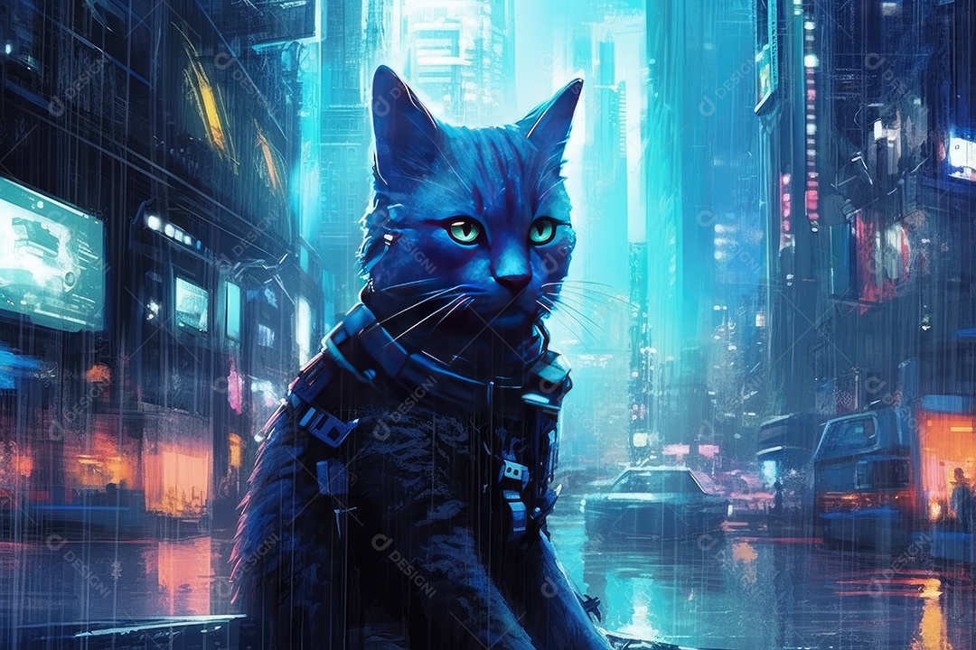 Gato na noite em uma cidade futurista