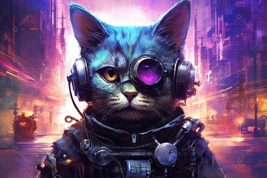 Gato em uma cidade futurista com fones e óculos