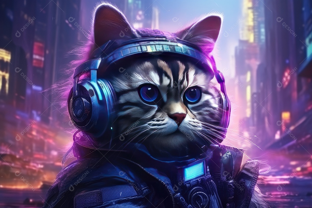Um gato fofo com fone de ouvido em cidade futurista