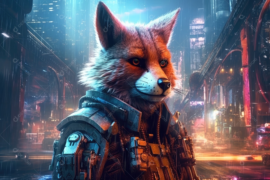 Uma raposa com armadura futurista