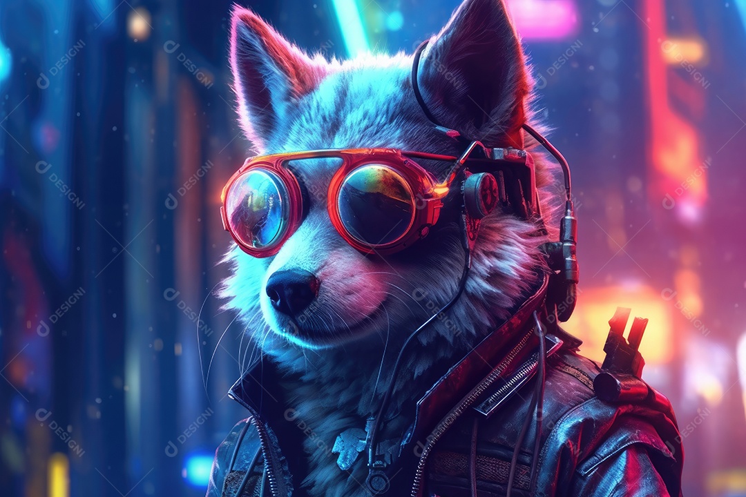 Cachorro em uma cidade futurista óculos e rádio