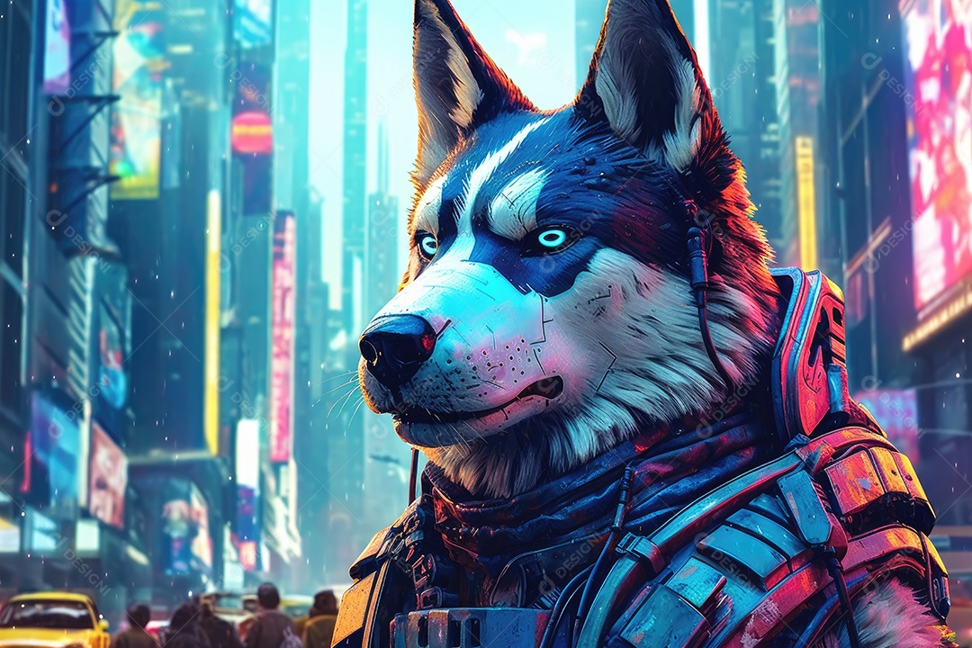 Cachorro com armadura em uma cidade futurista
