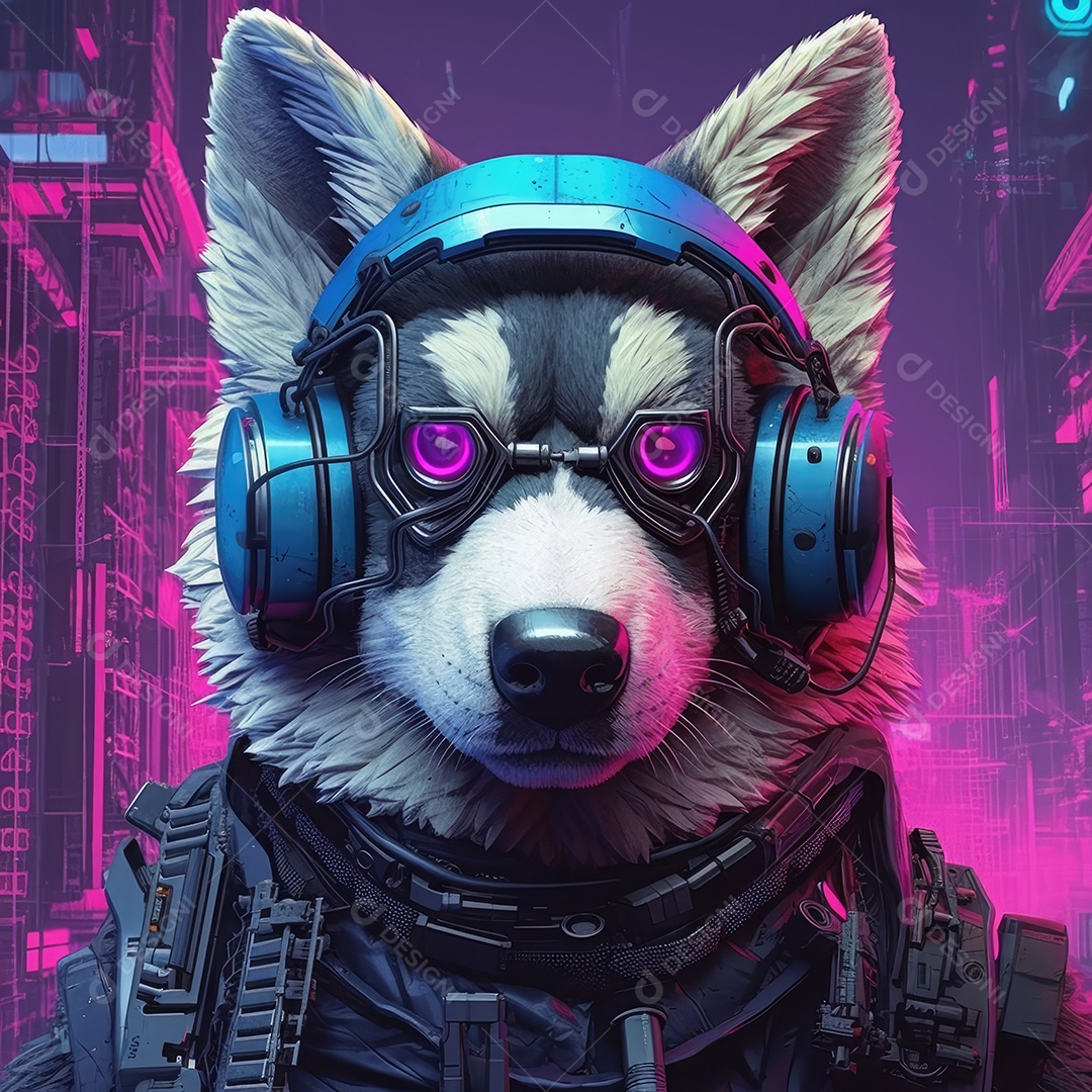 Um cachorro futurista com fones óculos e armadura