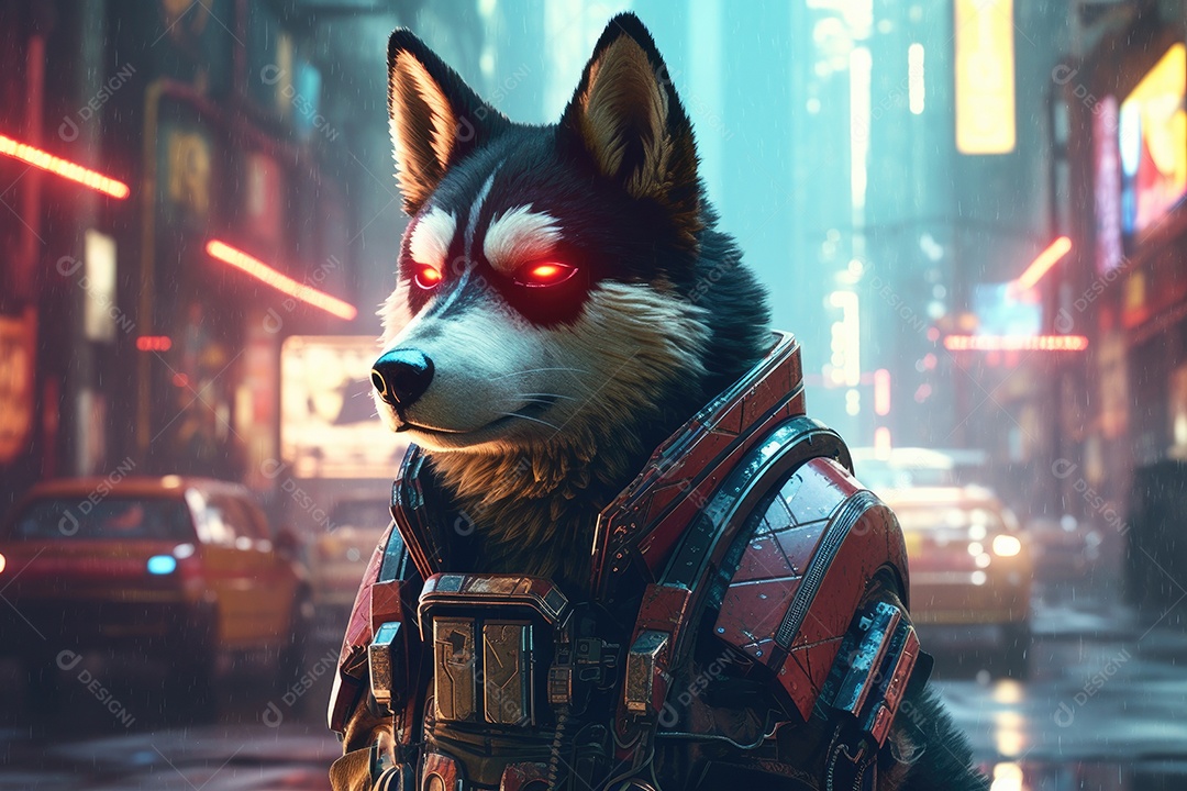 Um lindo cachorro futurista com tecnologia avançada