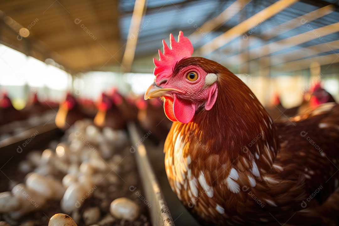 Galinha em uma granja com muitos ovos