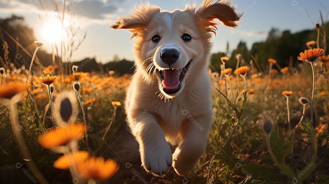 Um lindo cachorrinho correndo feliz em campo de flores