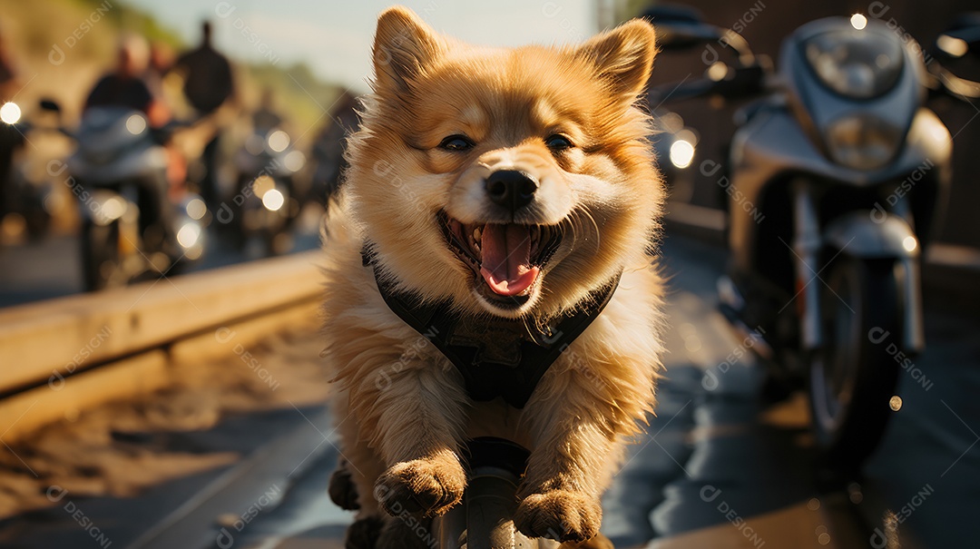 Um cachorrinho peludo fofo feliz correndo pelas ruas
