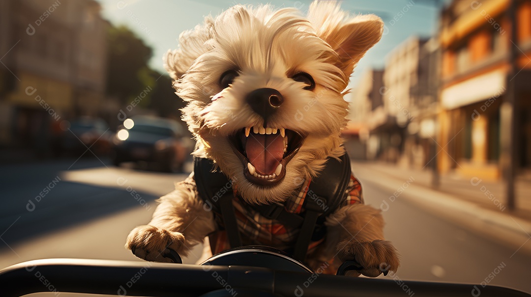 Um lindo cachorrinho fofo e feliz passeando na cidade