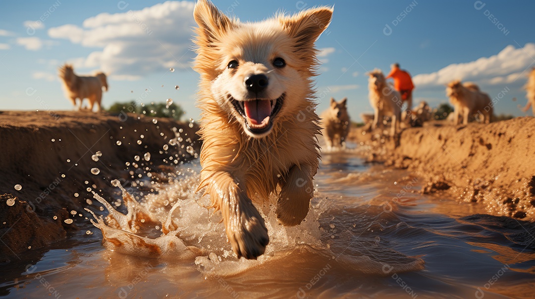 Cachorro fofo filhote feliz brincando em riacho