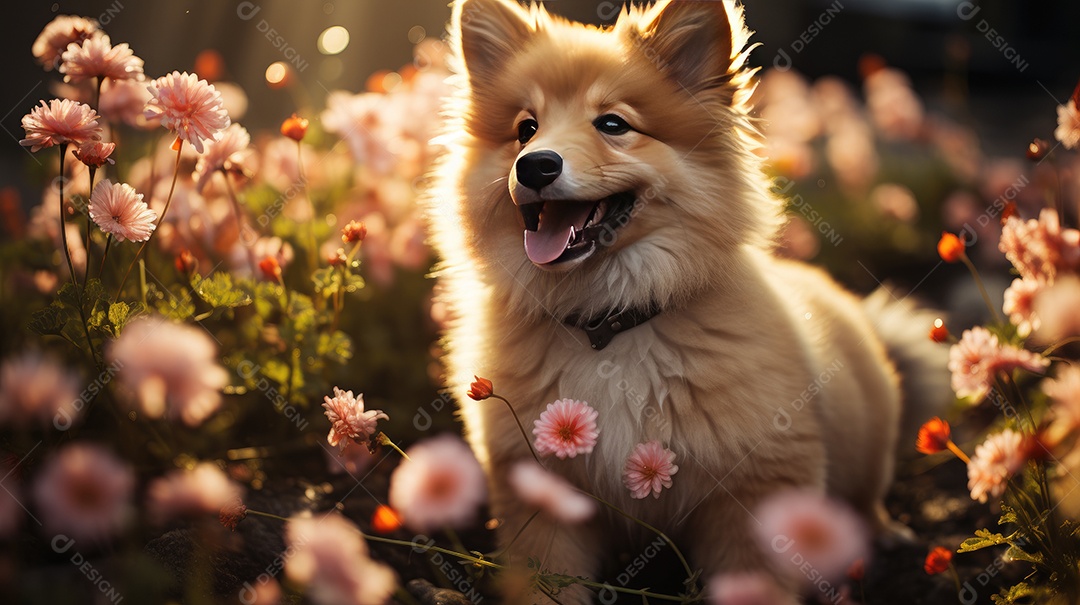 Um lindo cachorrinho peludo em um campo de flores