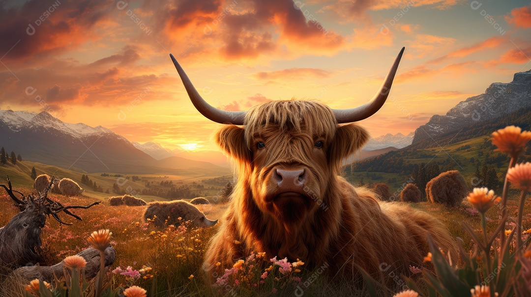 Imagem de um gado highland em um campo cheio de flores