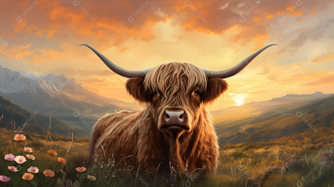 Imagem de um gado highland em um campo cheio de flores