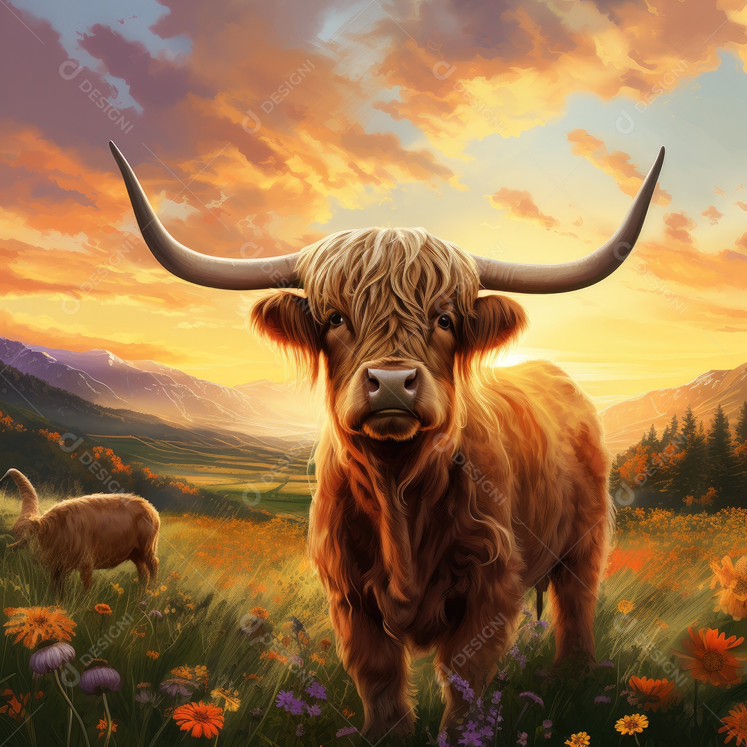 Imagem de um gado highland em um campo cheio de flores