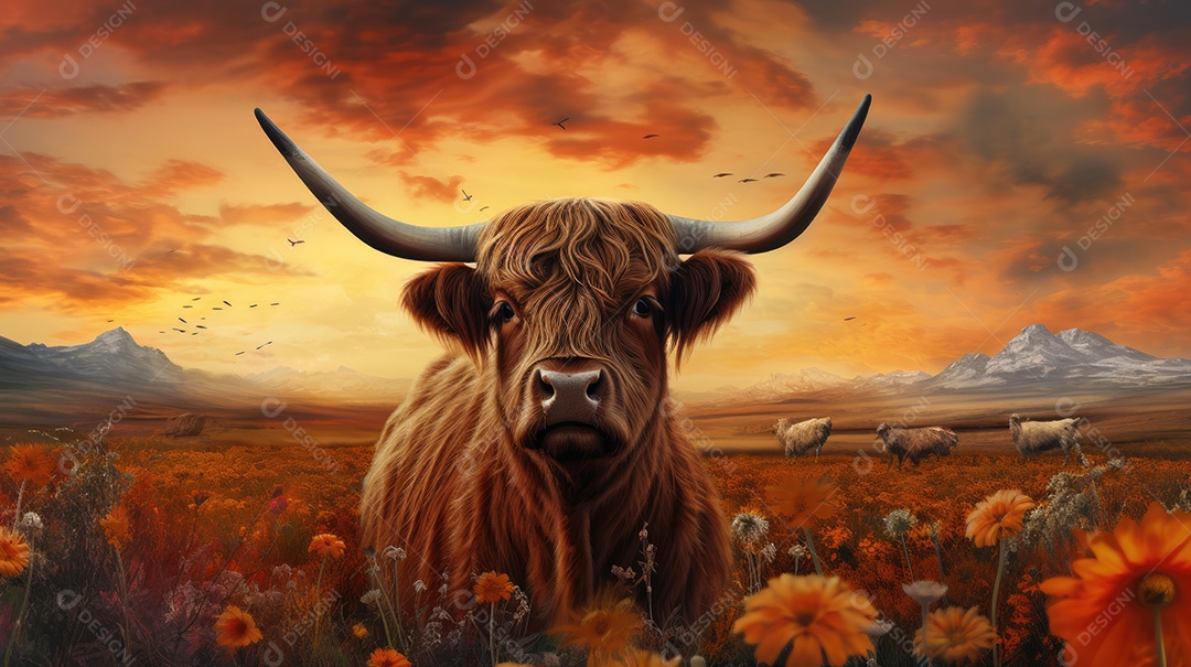 Imagem de um gado highland em um campo cheio de flores