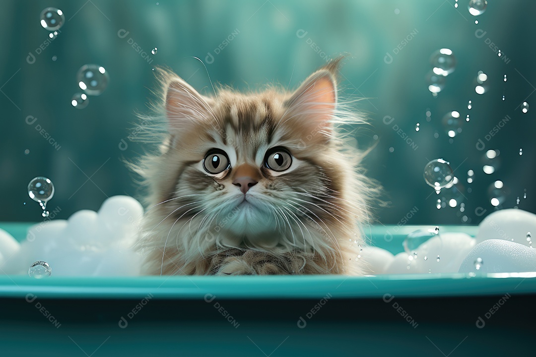 Gato fofo de olhos verdes com bolhas e bolas