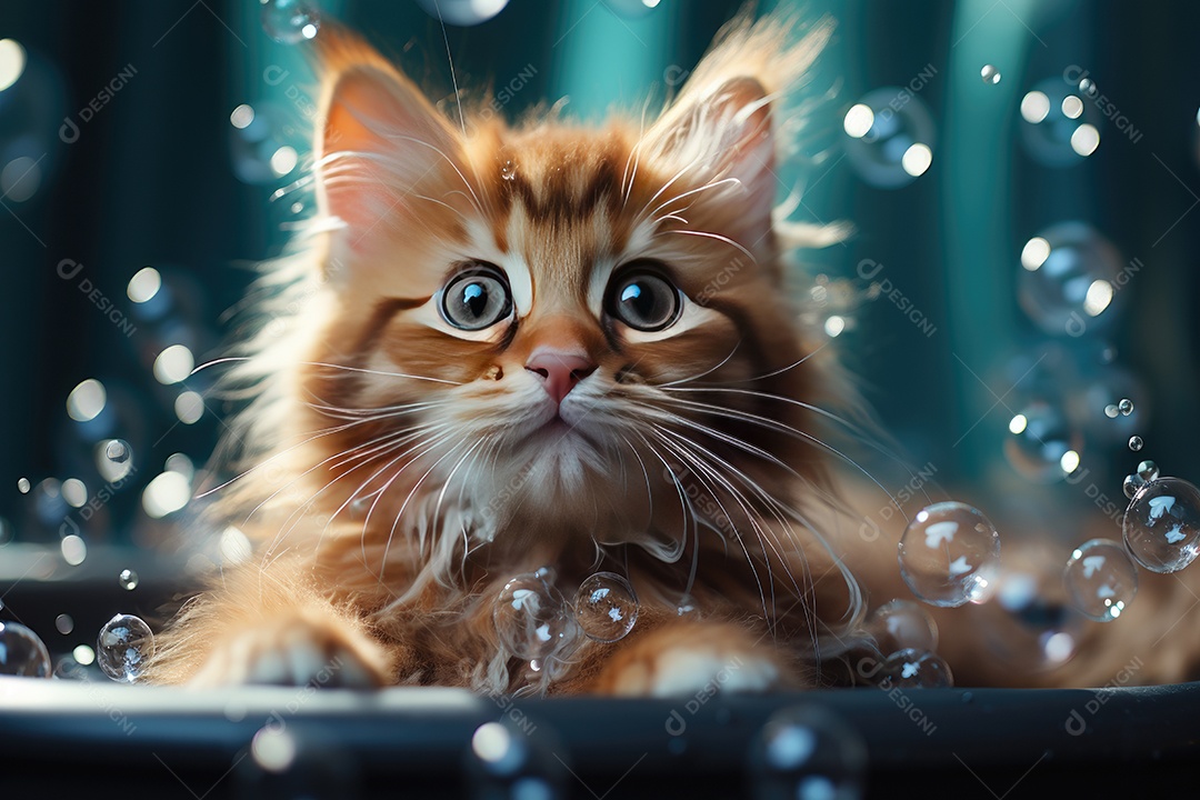 Gato fofo na banheira com bolhas
