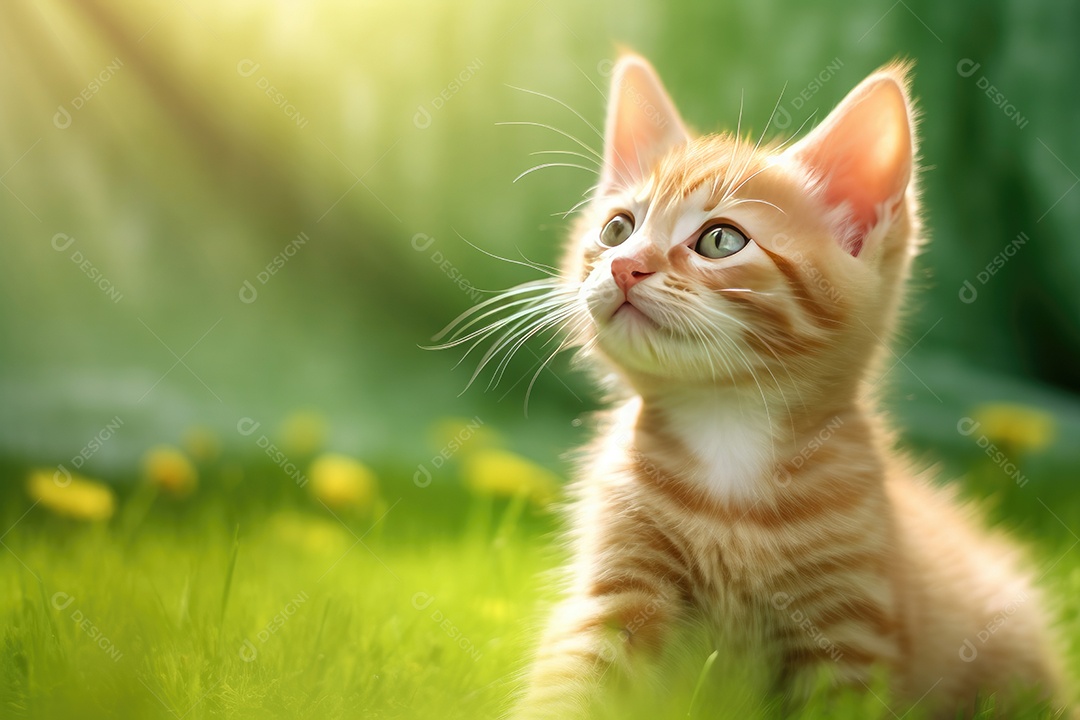 Gato amarelo de olhos verde fofo deitado na grama