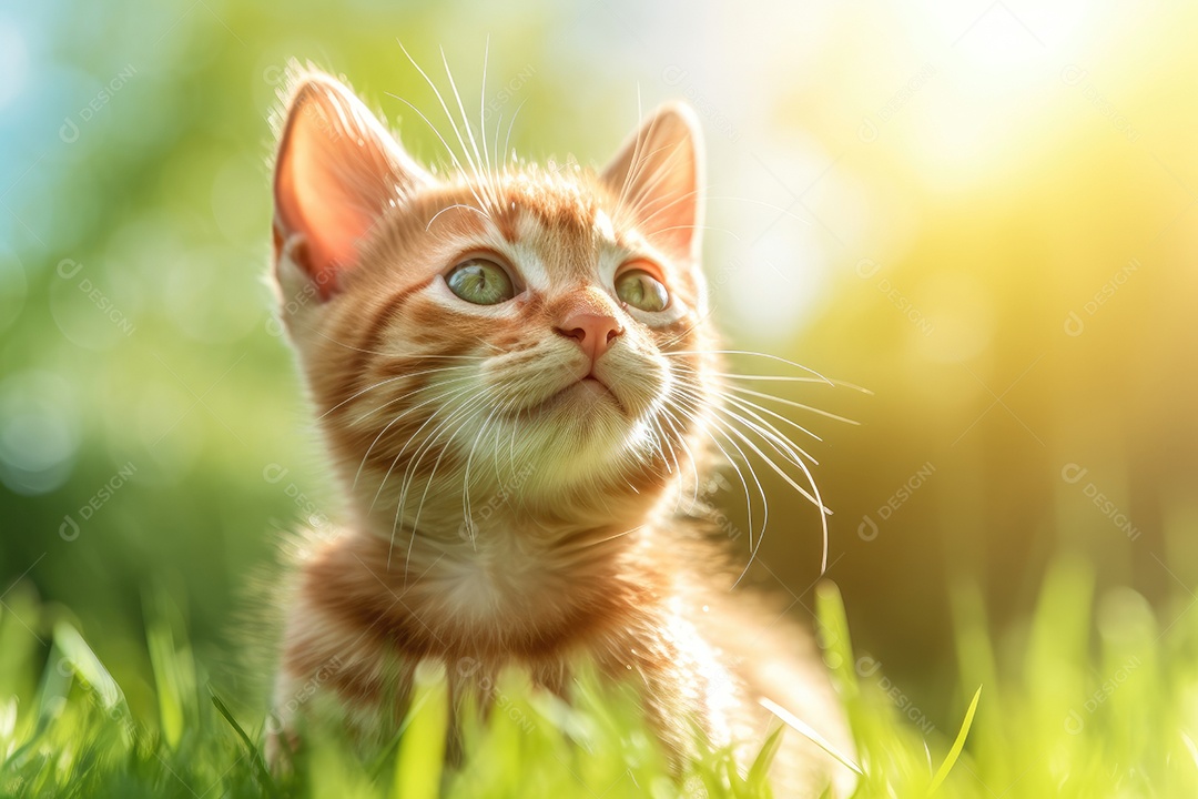 Gato amarelo de olhos verde fofo deitado na grama