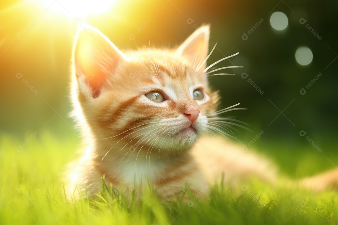 Gato amarelo de olhos verde fofo deitado na grama