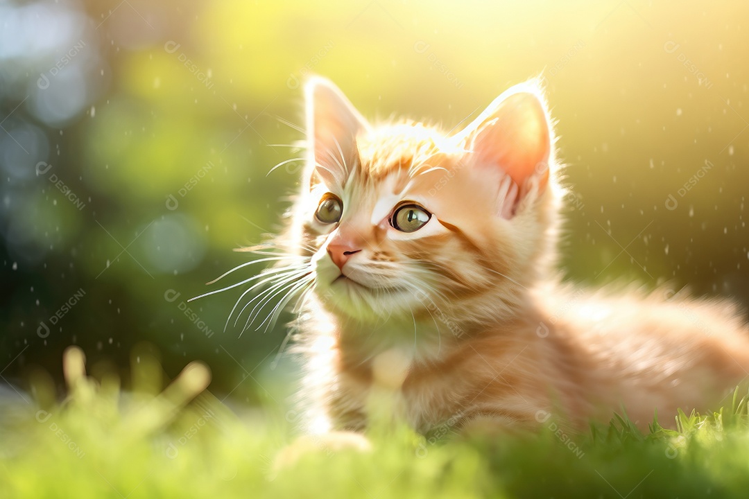 Gato amarelo de olhos verde fofo deitado na grama