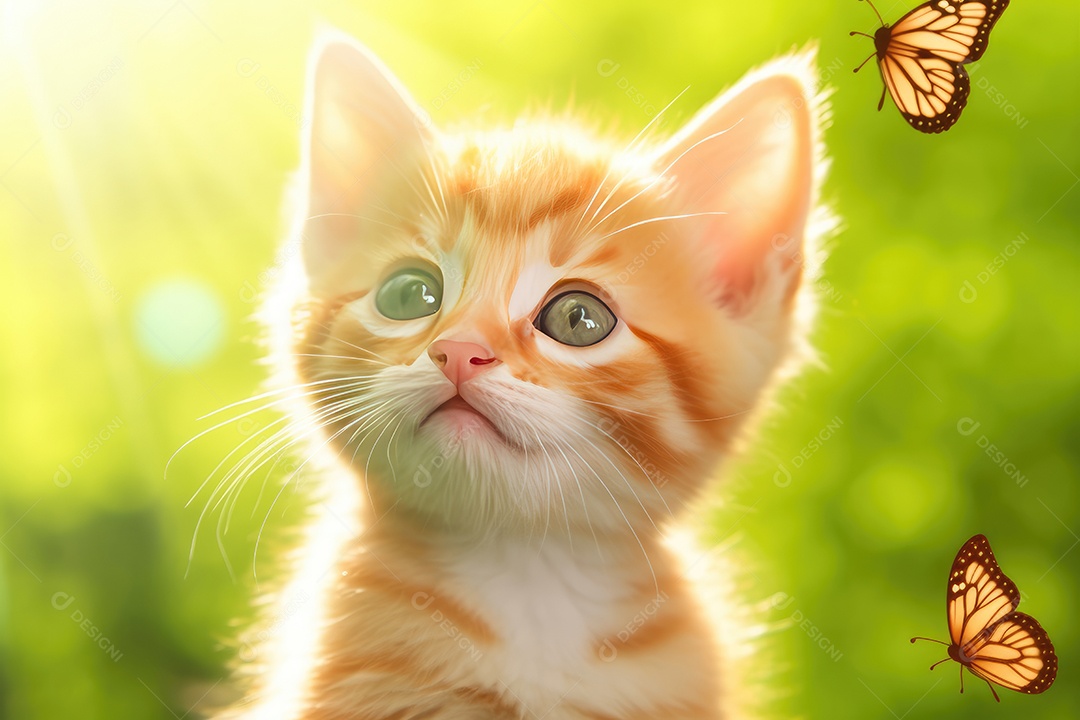 Gato fofo de olhos verdes com borboletas ao redor