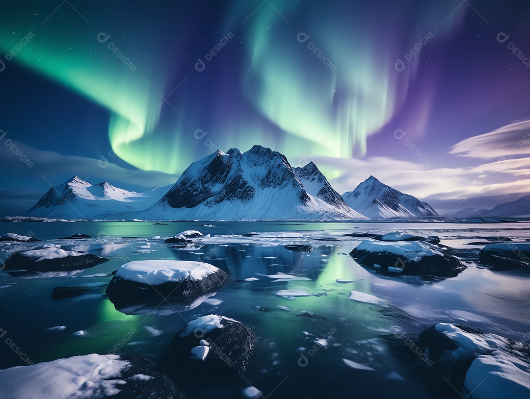 Paisagem da bela aurora boreal sobre fundo de montanha nevada