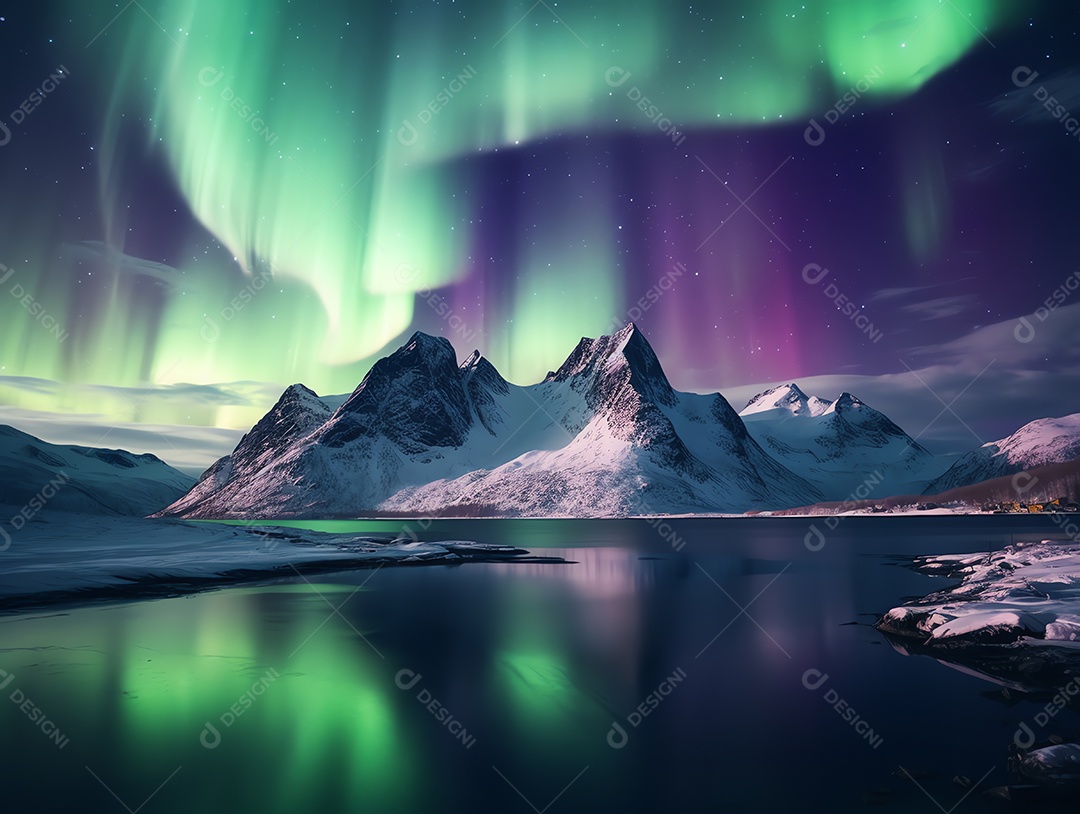 Paisagem da bela aurora boreal sobre fundo de montanha nevada