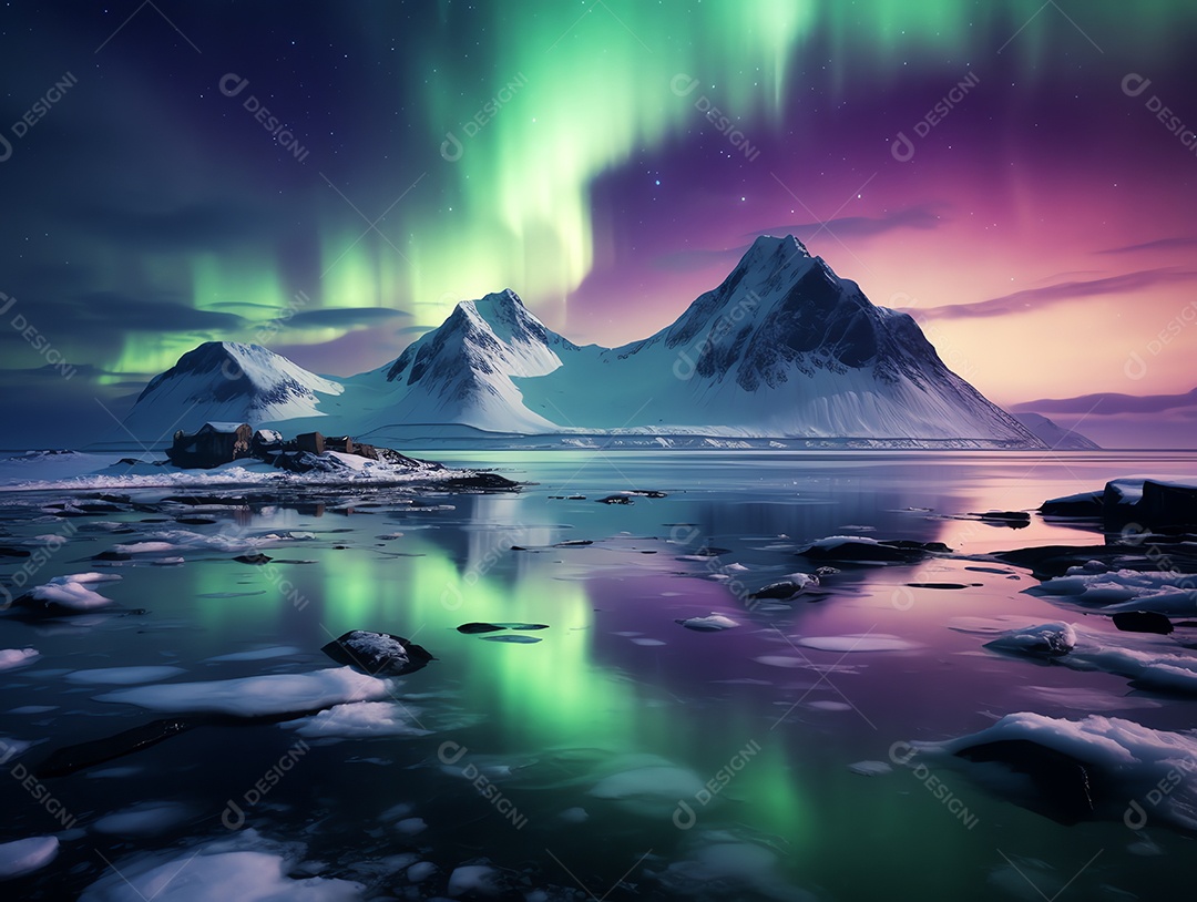 Paisagem da bela aurora boreal sobre fundo de montanha nevada