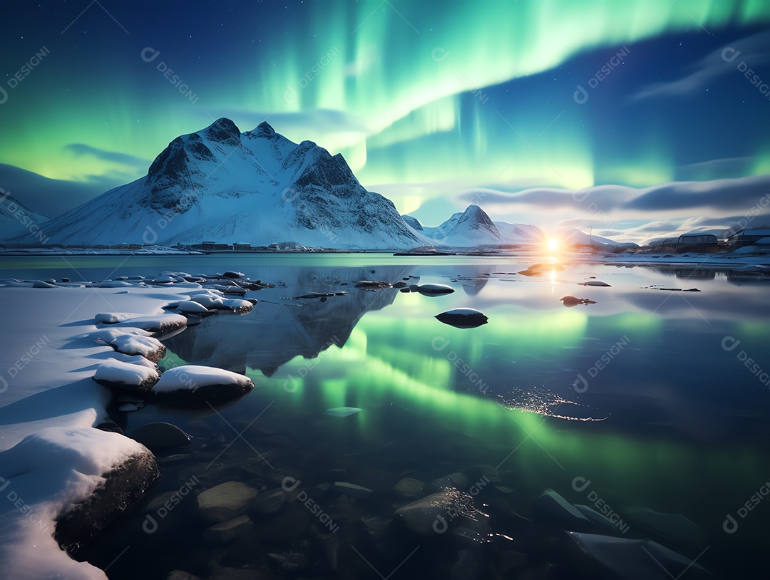 Paisagem da bela aurora boreal sobre fundo de montanha nevada