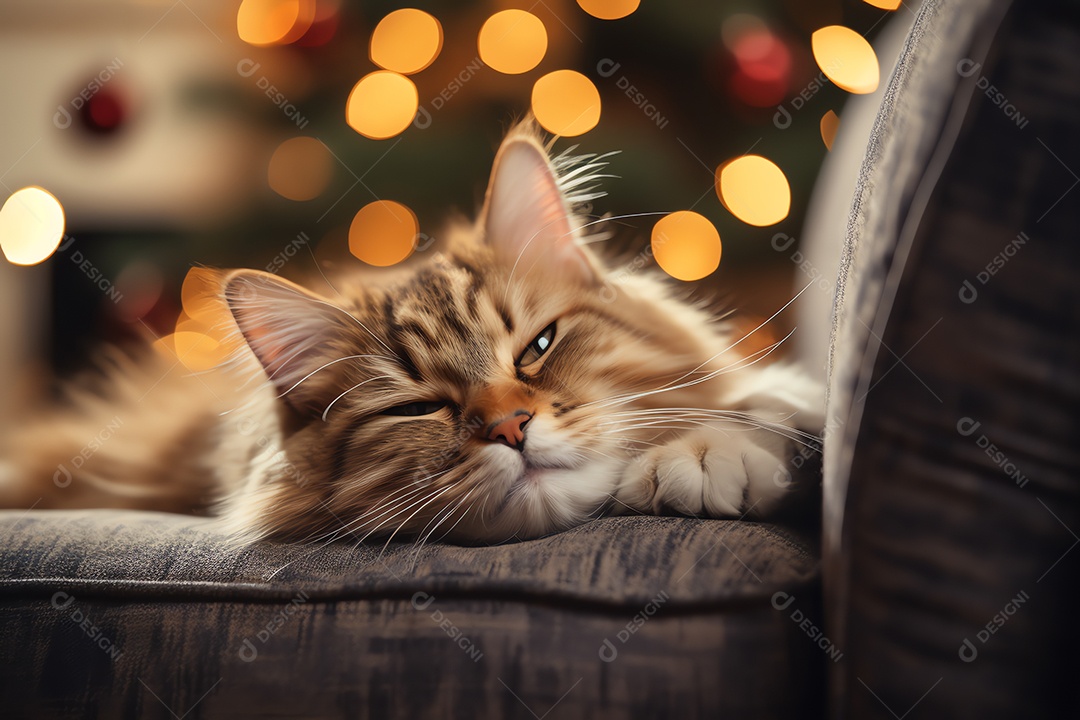 Adorável gato fofo relaxando no sofá na sala de estar decorada com enfeites de Natal