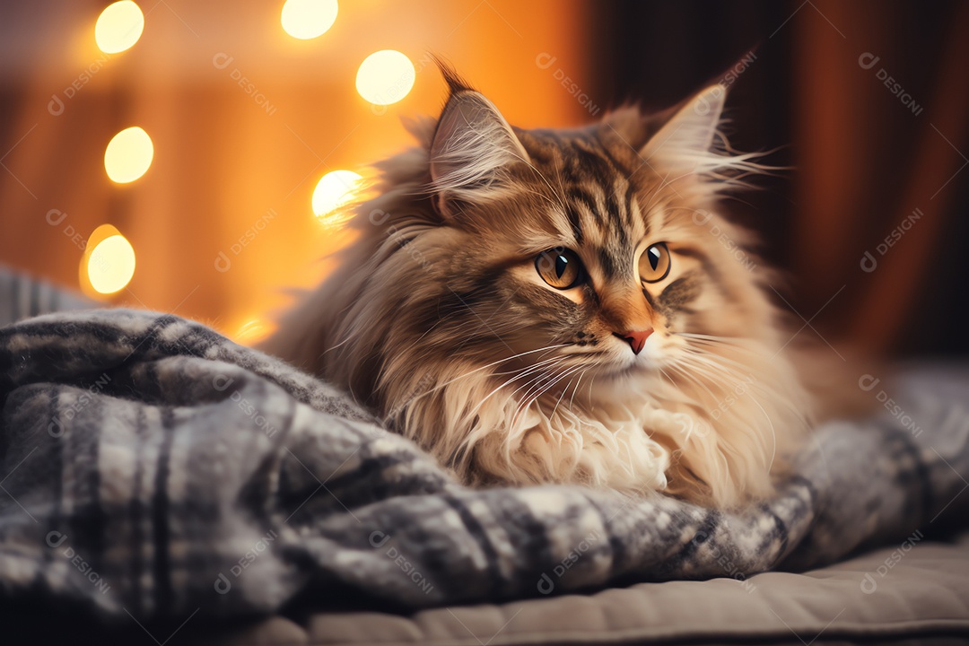 Adorável gato fofo relaxando no sofá na sala de estar decorada com enfeites de Natal