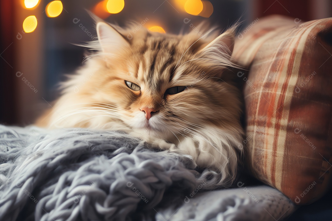 Adorável gato fofo relaxando no sofá na sala de estar decorada com enfeites de Natal