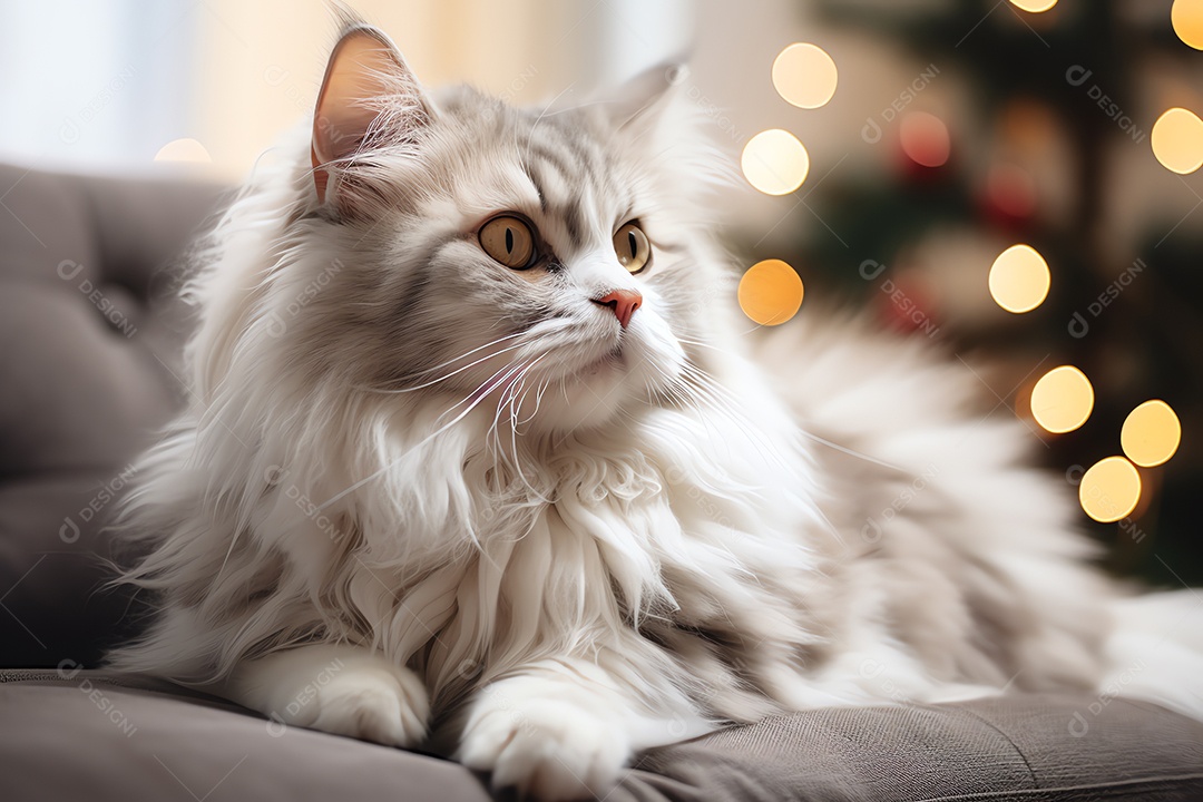 Adorável gato fofo relaxando no sofá na sala de estar decorada com enfeites de Natal