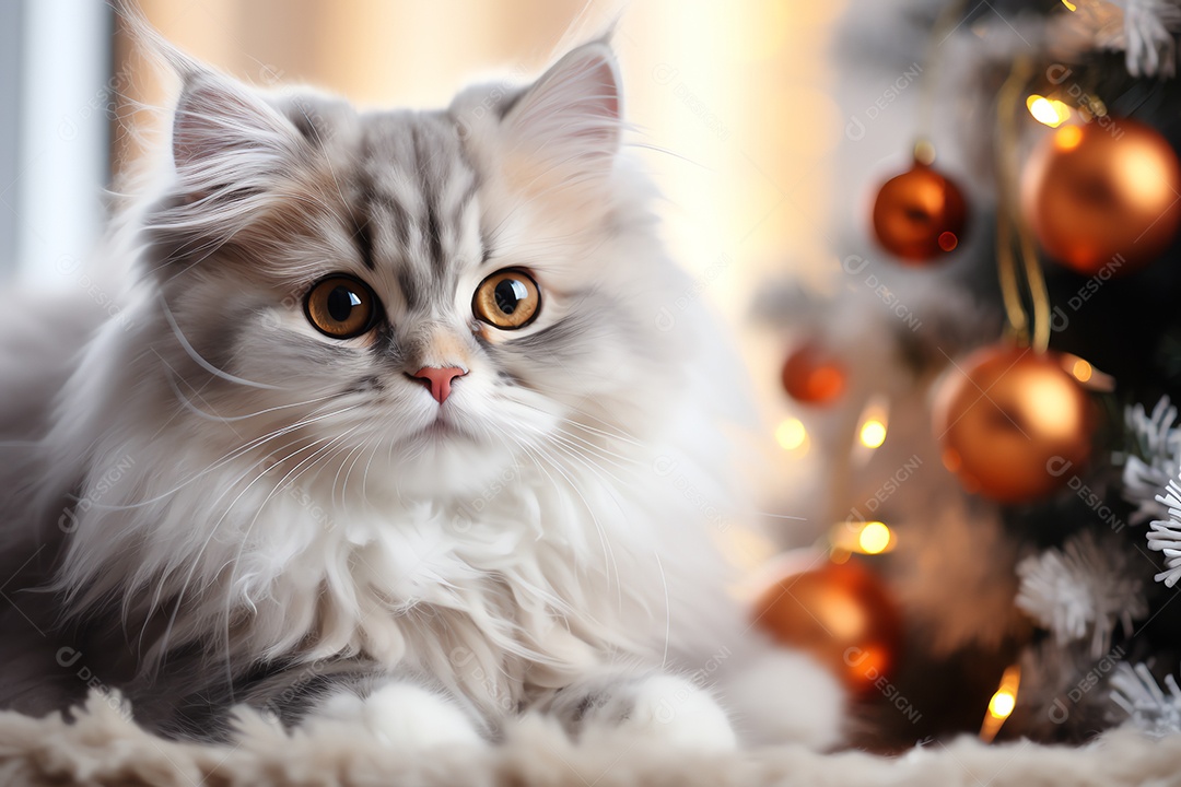 Adorável gato fofo relaxando no sofá na sala de estar decorada com enfeites de Natal