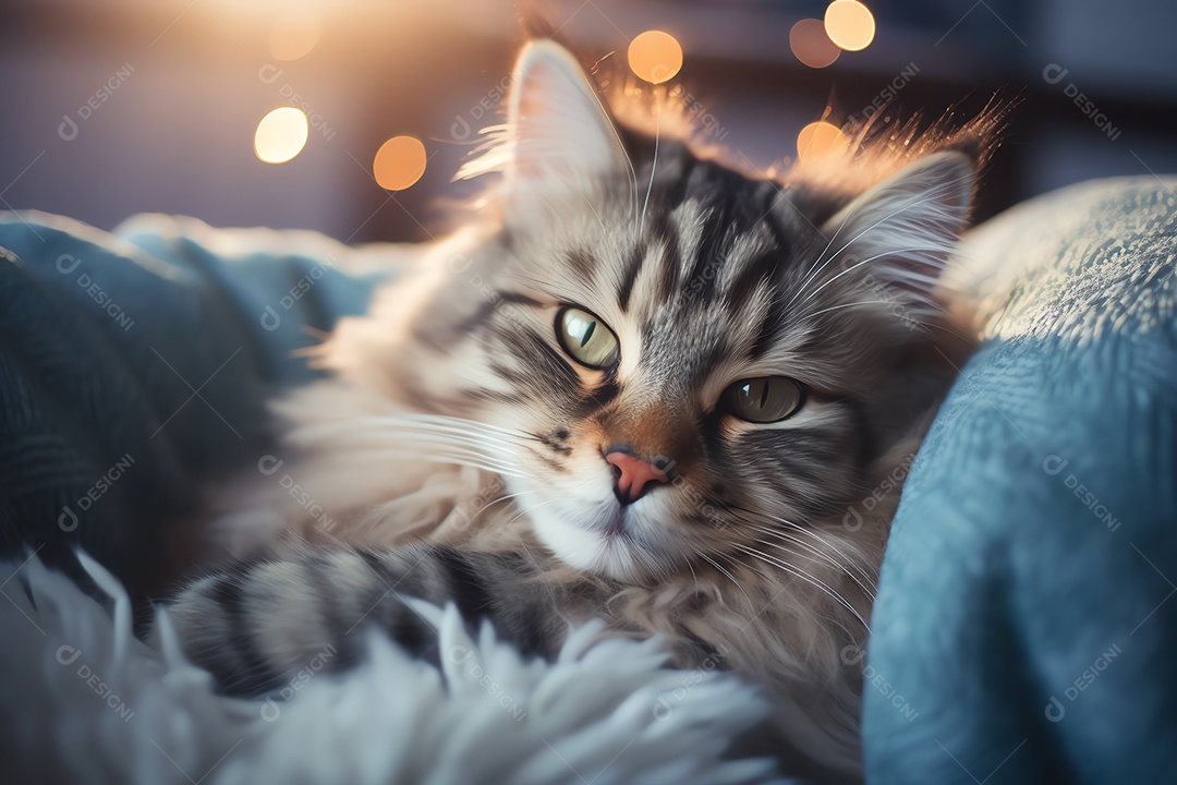 Adorável gato fofo relaxando no sofá na sala de estar decorada com enfeites de Natal