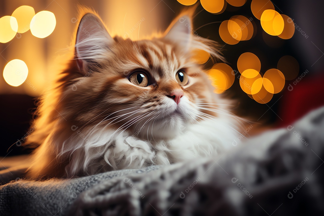 Adorável gato fofo relaxando no sofá na sala de estar decorada com enfeites de Natal