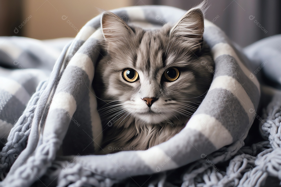 Adorável gato fofo relaxando no sofá na sala de estar decorada com enfeites de Natal