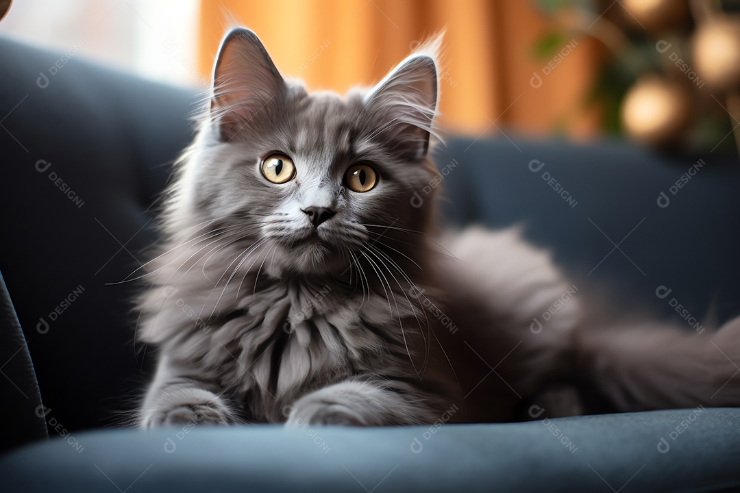 Adorável gato fofo relaxando no sofá na sala de estar decorada com enfeites de Natal