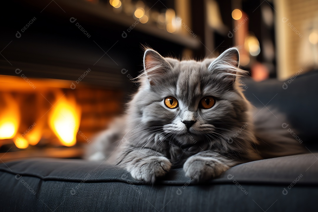 Adorável gato fofo relaxando no sofá na sala de estar decorada com enfeites de Natal