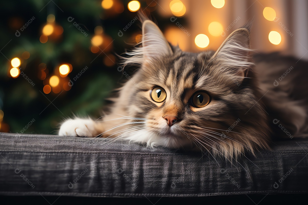 Adorável gato fofo relaxando no sofá na sala de estar decorada com enfeites de Natal