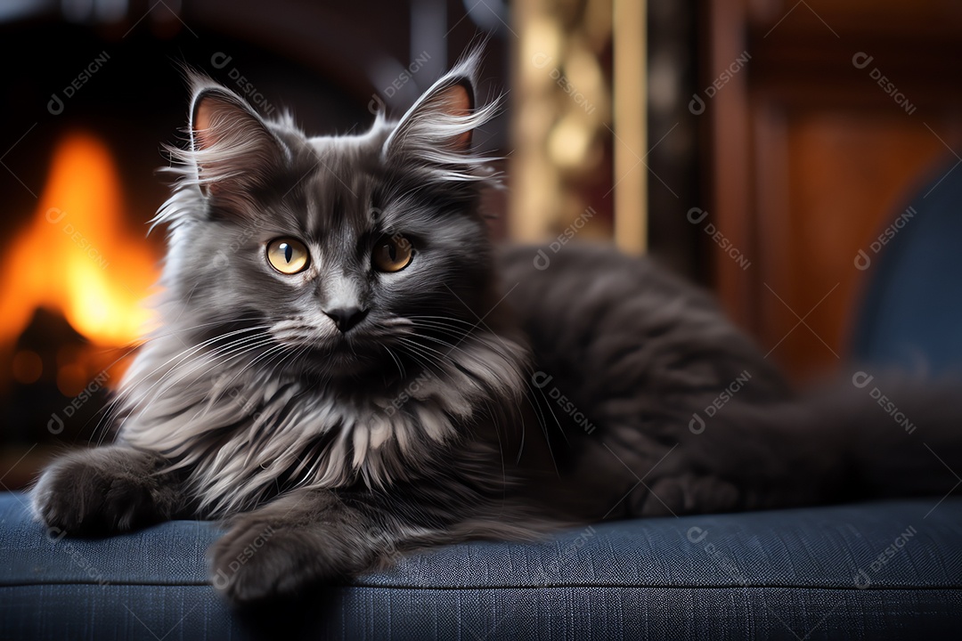 Adorável gato fofo relaxando no sofá na sala de estar decorada com enfeites de Natal