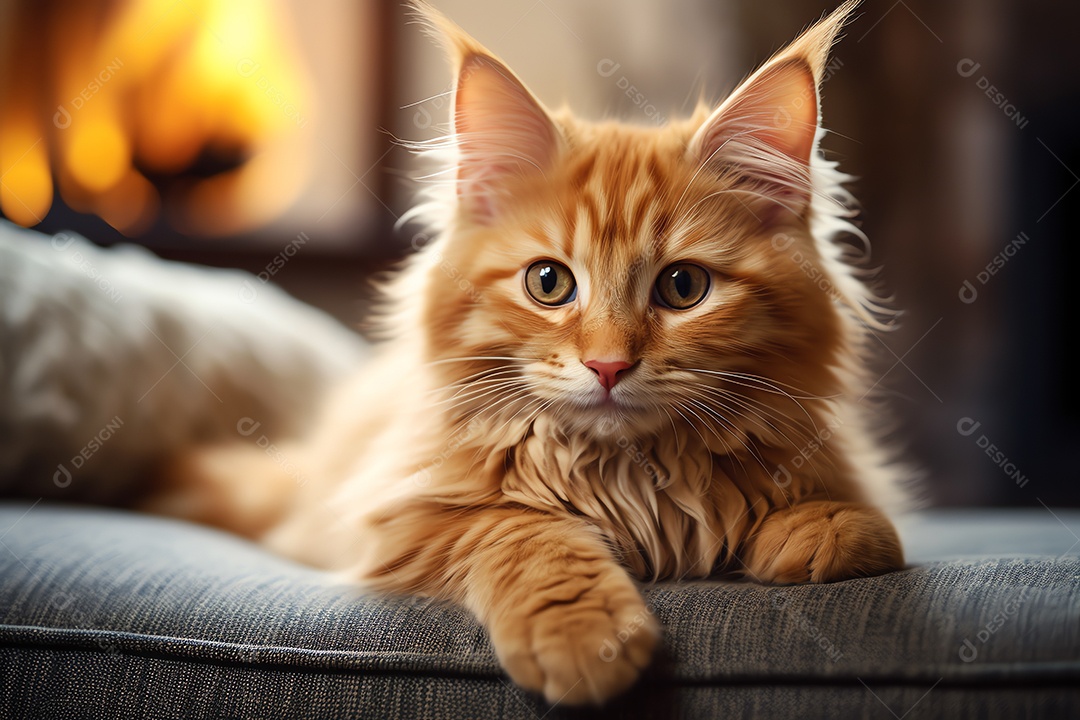 Adorável gato fofo relaxando no sofá na sala de estar decorada com enfeites de Natal