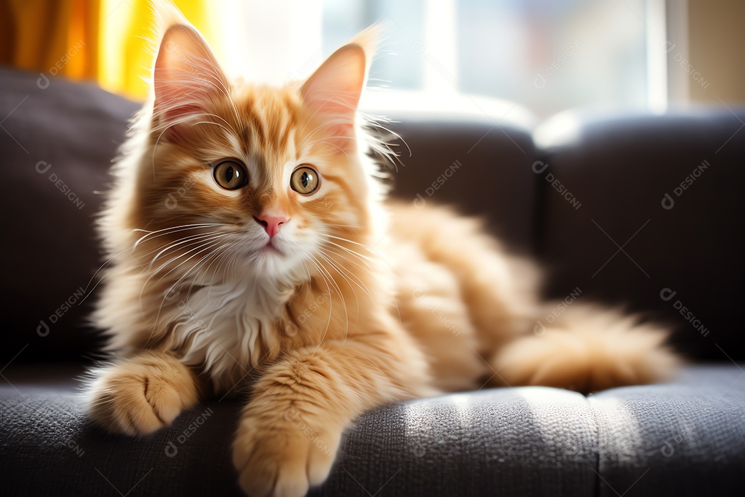 Adorável gato fofo relaxando no sofá na sala de estar decorada com enfeites de Natal