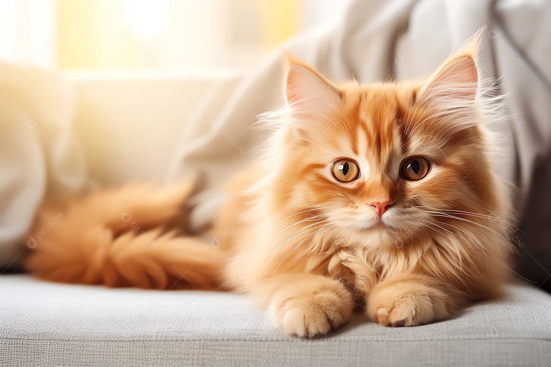 Adorável gato fofo relaxando no sofá na sala de estar decorada com enfeites de Natal