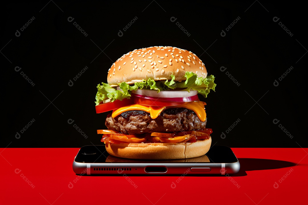 Hambúrguer saindo de um celular no fundo vermelho
